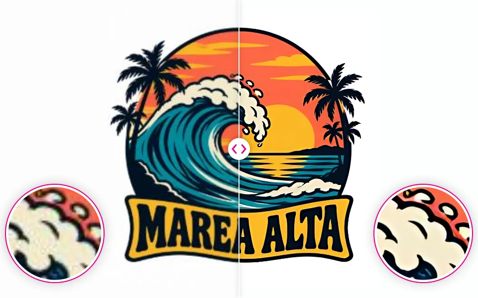 Antes y después: ilustración pequeña y borrosa y la misma ampliada con nitidez
